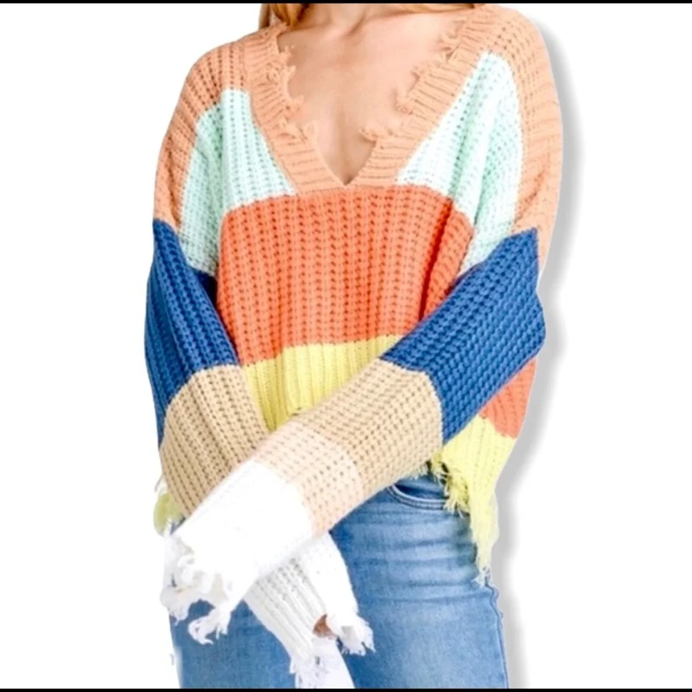 STORIA Distressed Color Block Cropped Sweater🌈 - Picture 2 of 15